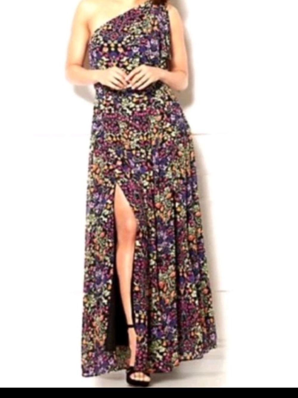 eva mendes for New York & Company One-Shoulder Floral Maxi Dress in Purple Multi